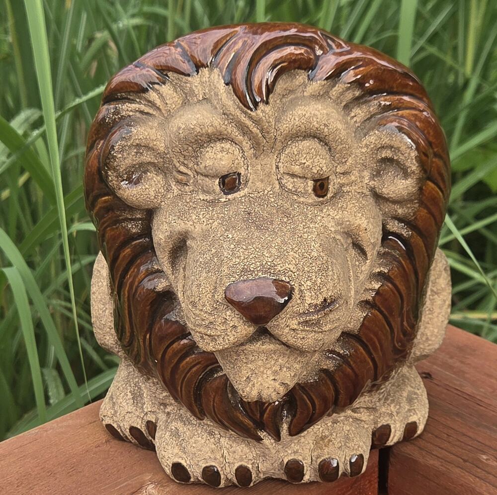 Vintage Ceramic Lion Planter Brown Glazed MCM Boho Statement Decor